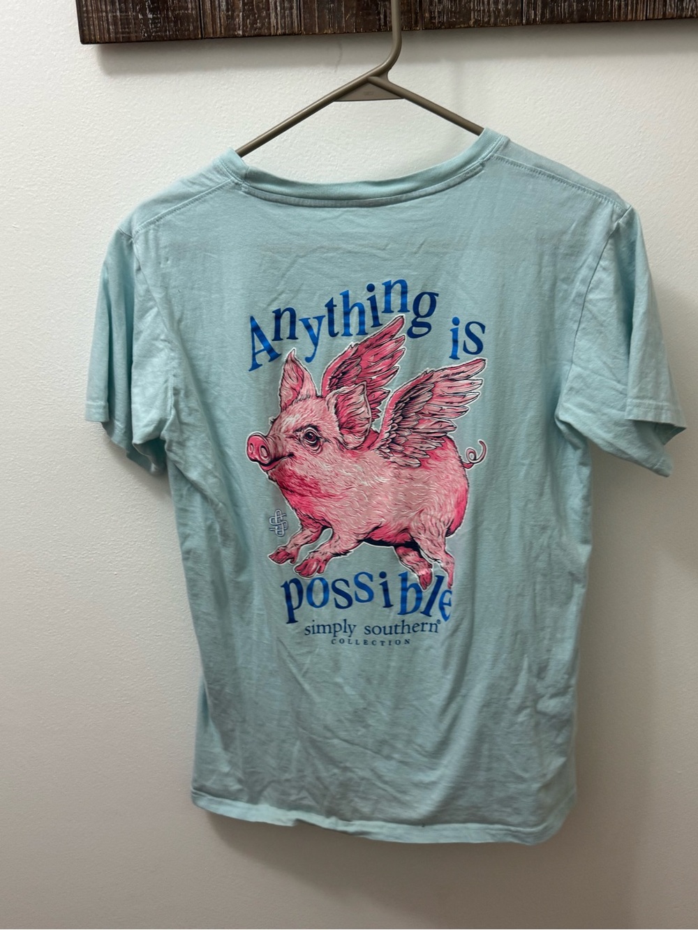 Simply Southern Light Blue Tee with Pink Flying Pig Graphic